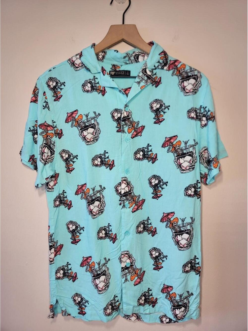 RF Brand Skeleton Cocktail Shirt Teal Mens Surf Festival S